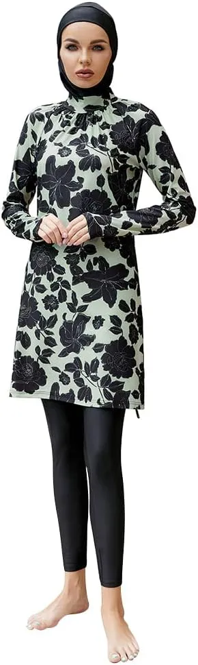 Womens Muslim Swimsuits Solid Color Swim Full Coverage Swimwear Modest Islamic Arabic Ladies Swimming Burkini Bathing Suit