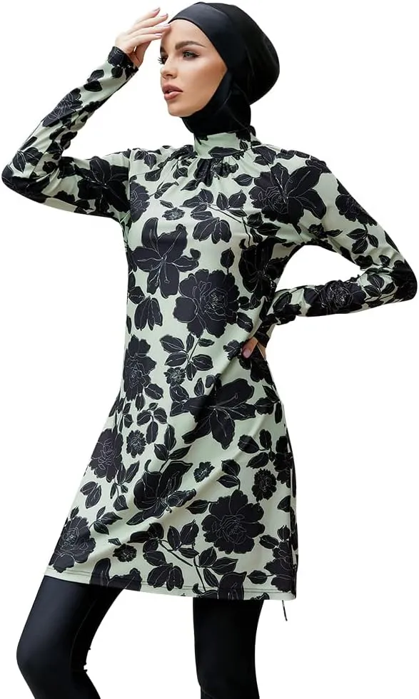 Womens Muslim Swimsuits Solid Color Swim Full Coverage Swimwear Modest Islamic Arabic Ladies Swimming Burkini Bathing Suit