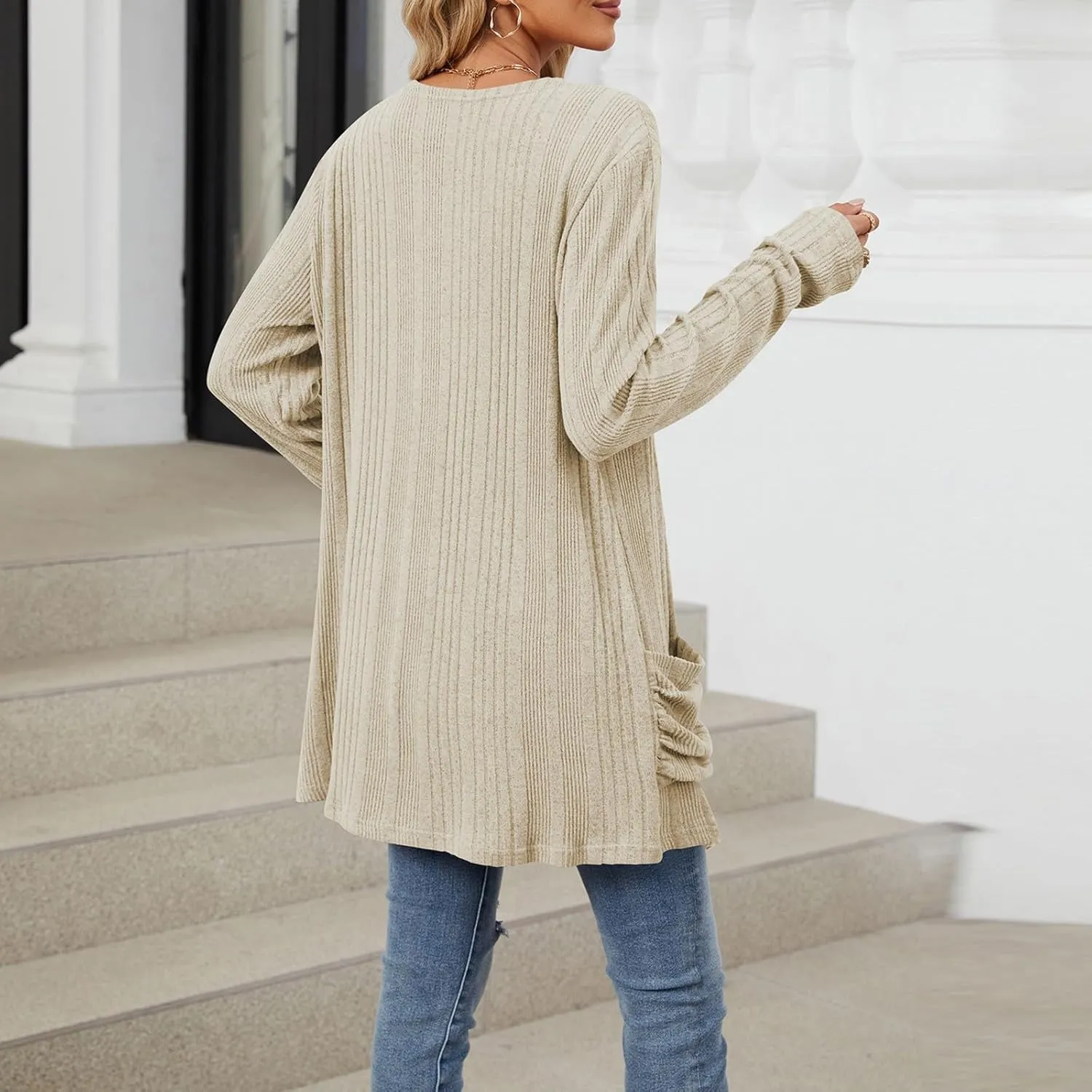 Womens Open Front Cardigan Lightweight Casual Long Sleeve Knit Sweaters Solid Color Outwear Fall Loungewear