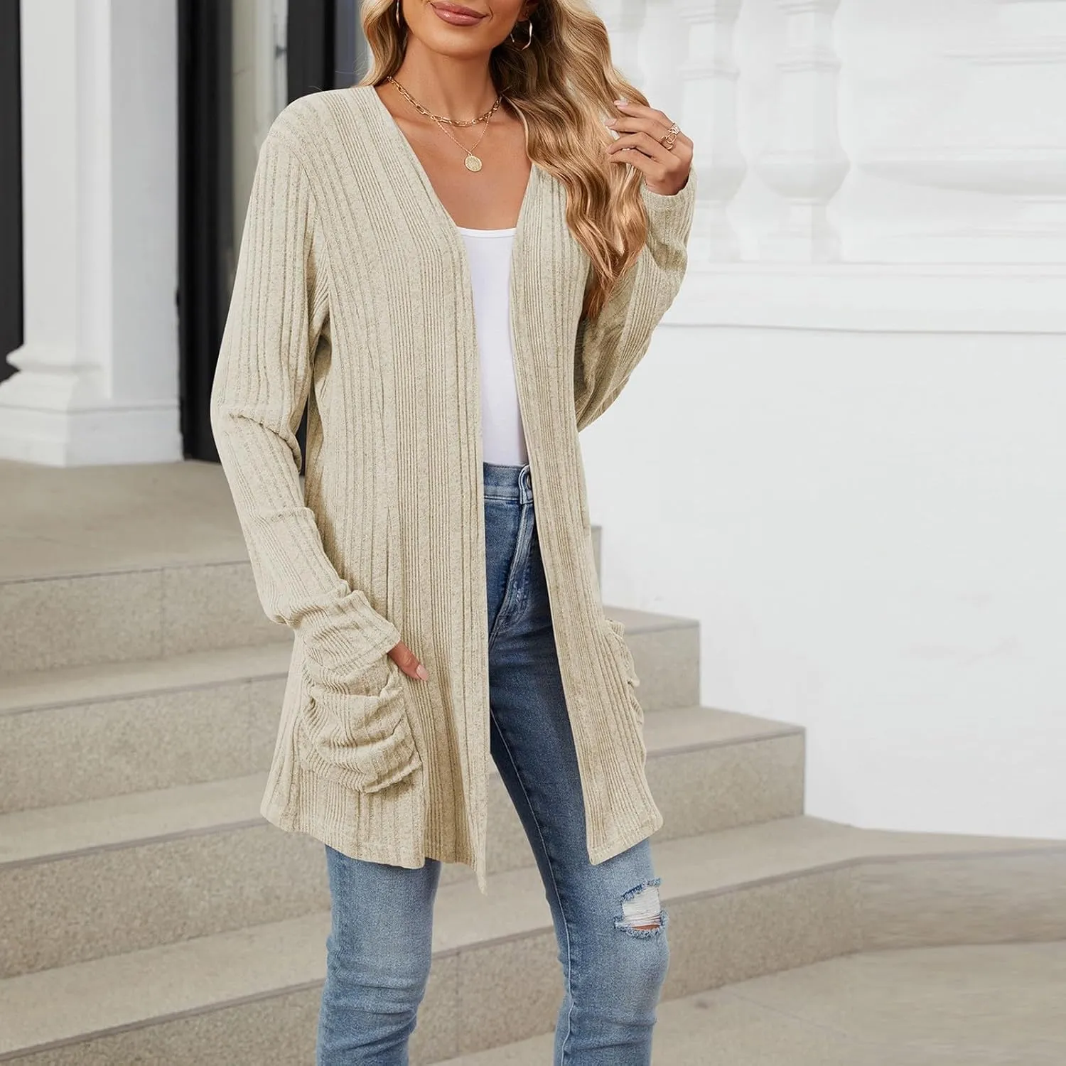 Womens Open Front Cardigan Lightweight Casual Long Sleeve Knit Sweaters Solid Color Outwear Fall Loungewear