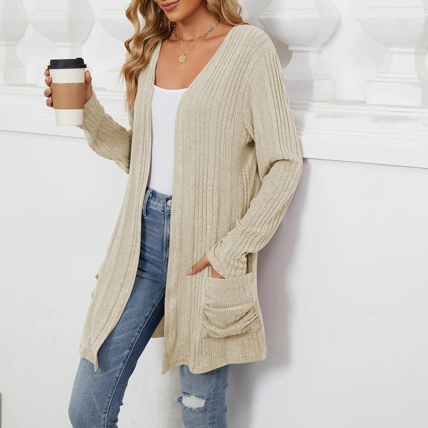 Womens Open Front Cardigan Lightweight Casual Long Sleeve Knit Sweaters Solid Color Outwear Fall Loungewear