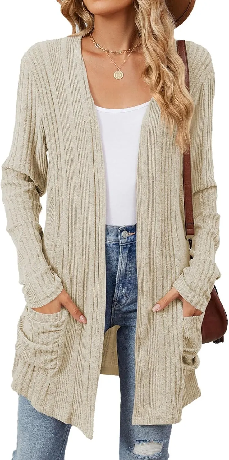 Womens Open Front Cardigan Lightweight Casual Long Sleeve Knit Sweaters Solid Color Outwear Fall Loungewear