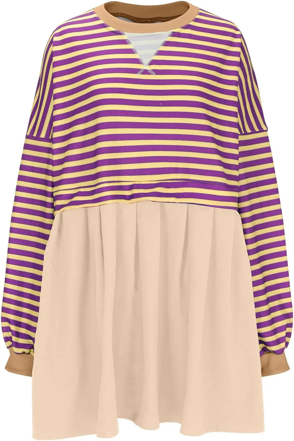 Women's Oversized Casual Sweatshirt Patchwork Dress Long Sleeve Classic Stripe Dress Crew Neck Pleated Mini Dresses