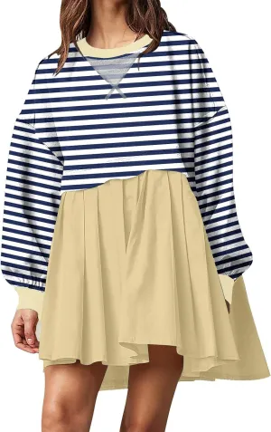 Women's Oversized Casual Sweatshirt Patchwork Dress Long Sleeve Classic Stripe Dress Crew Neck Pleated Mini Dresses