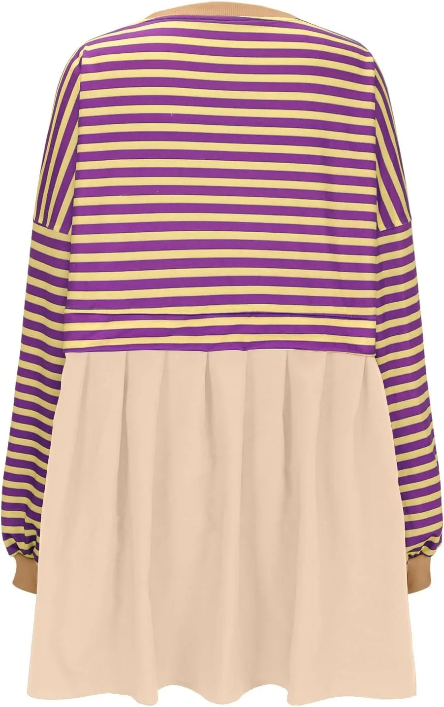 Women's Oversized Casual Sweatshirt Patchwork Dress Long Sleeve Classic Stripe Dress Crew Neck Pleated Mini Dresses