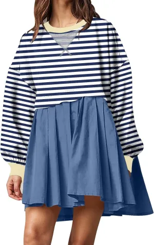 Women's Oversized Casual Sweatshirt Patchwork Dress Long Sleeve Classic Stripe Dress Crew Neck Pleated Mini Dresses