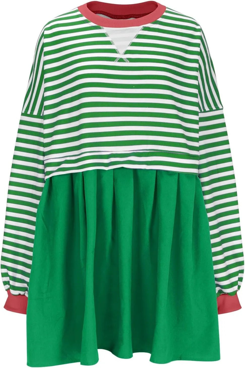 Women's Oversized Casual Sweatshirt Patchwork Dress Long Sleeve Classic Stripe Dress Crew Neck Pleated Mini Dresses