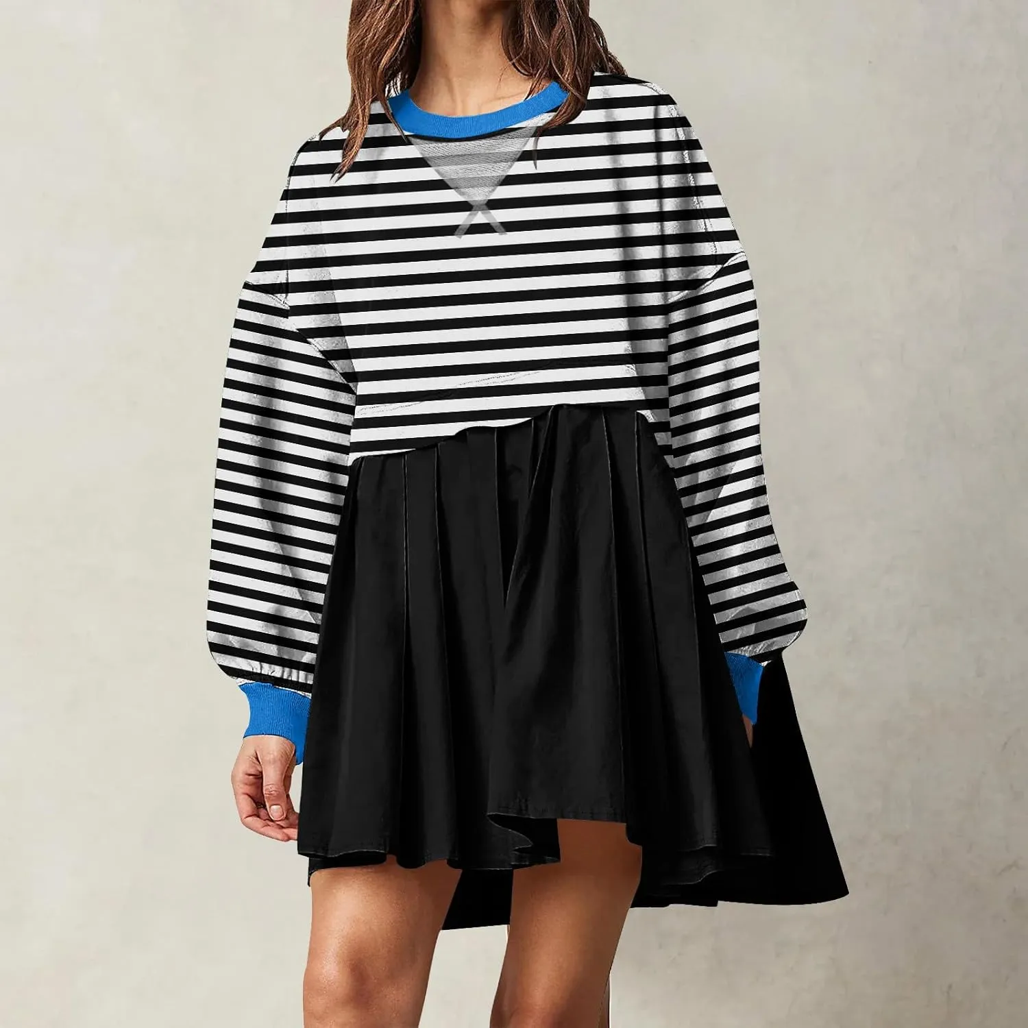 Women's Oversized Casual Sweatshirt Patchwork Dress Long Sleeve Classic Stripe Dress Crew Neck Pleated Mini Dresses