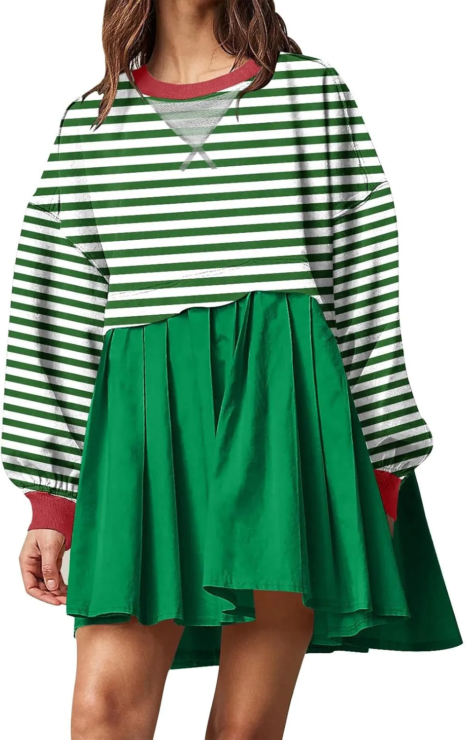 Women's Oversized Casual Sweatshirt Patchwork Dress Long Sleeve Classic Stripe Dress Crew Neck Pleated Mini Dresses