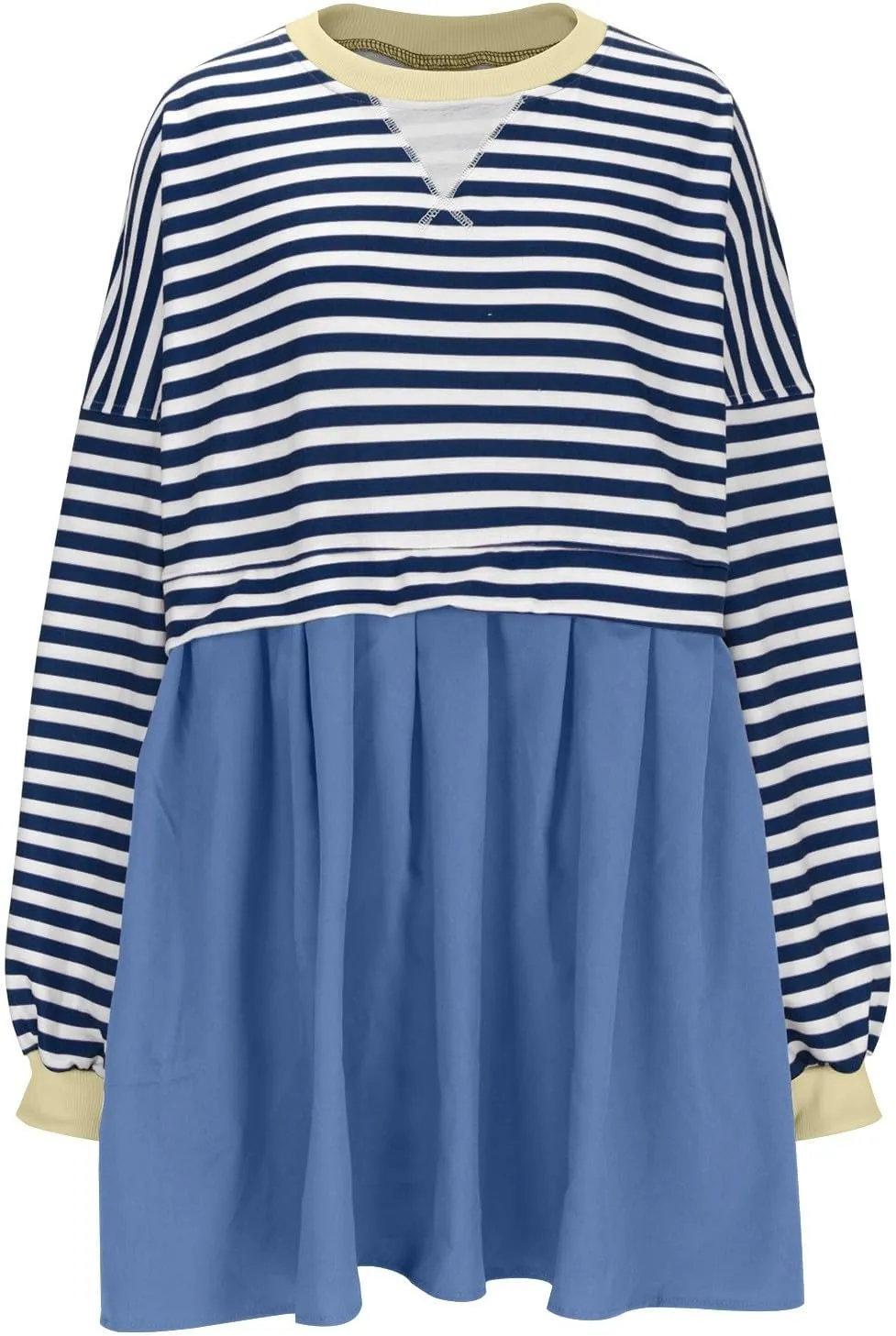 Women's Oversized Casual Sweatshirt Patchwork Dress Long Sleeve Classic Stripe Dress Crew Neck Pleated Mini Dresses