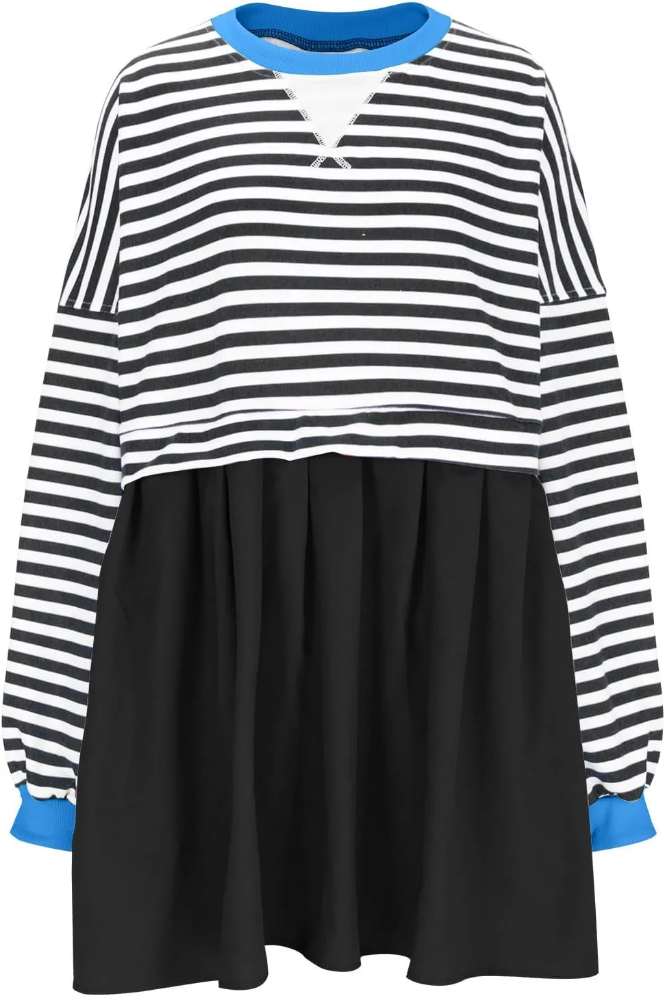 Women's Oversized Casual Sweatshirt Patchwork Dress Long Sleeve Classic Stripe Dress Crew Neck Pleated Mini Dresses