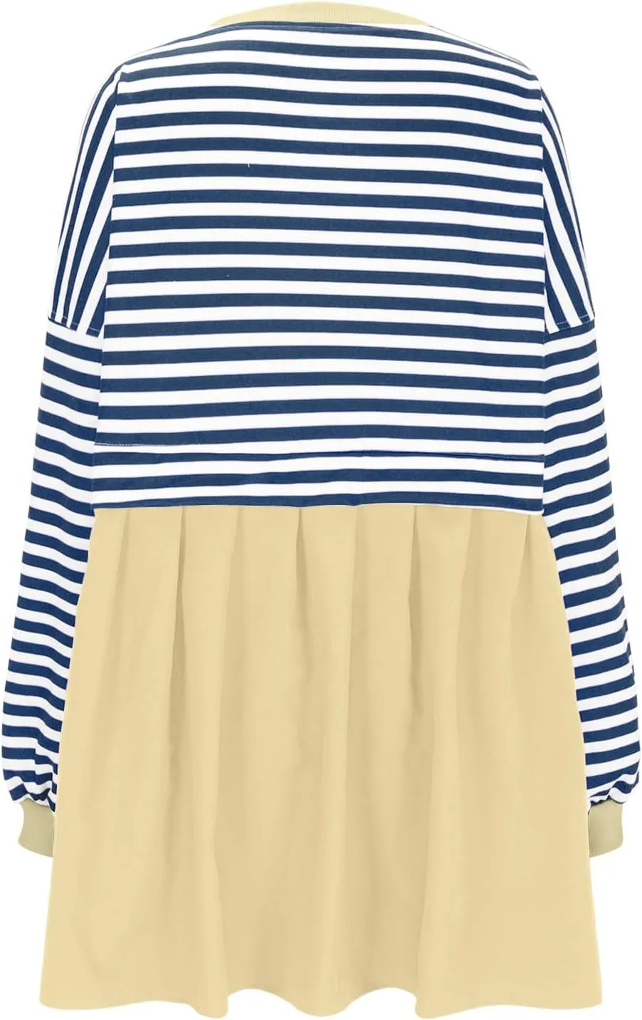Women's Oversized Casual Sweatshirt Patchwork Dress Long Sleeve Classic Stripe Dress Crew Neck Pleated Mini Dresses