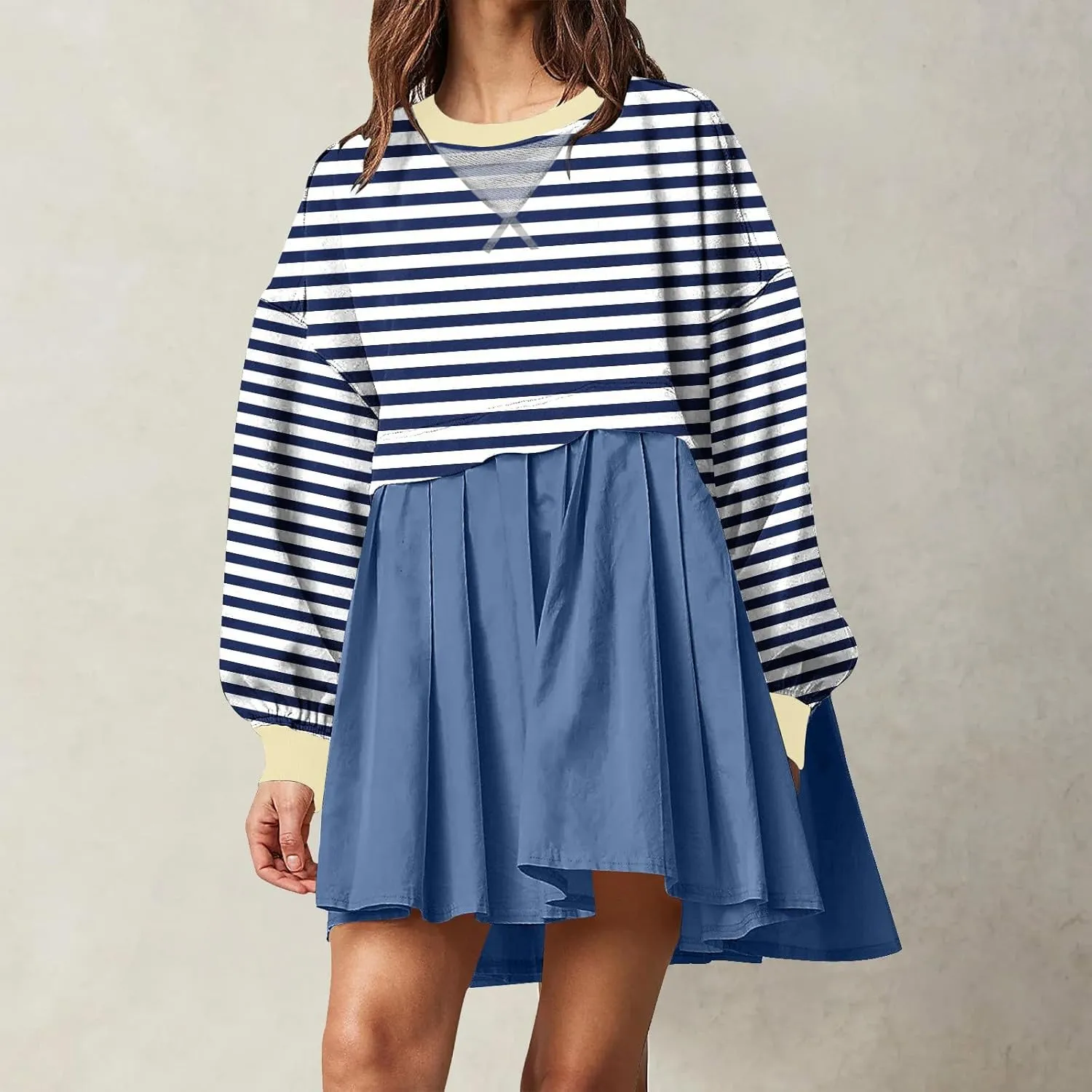 Women's Oversized Casual Sweatshirt Patchwork Dress Long Sleeve Classic Stripe Dress Crew Neck Pleated Mini Dresses