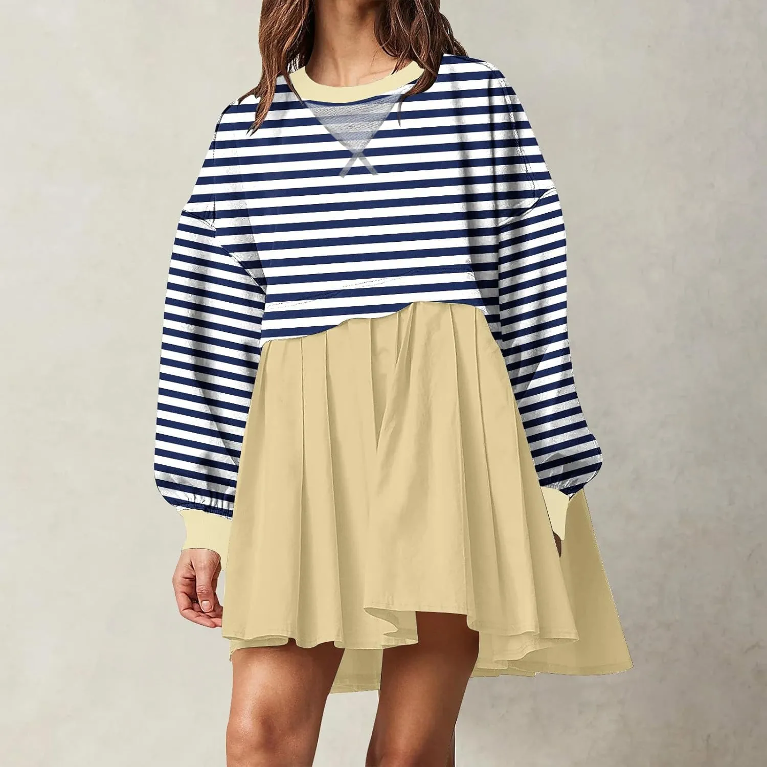 Women's Oversized Casual Sweatshirt Patchwork Dress Long Sleeve Classic Stripe Dress Crew Neck Pleated Mini Dresses