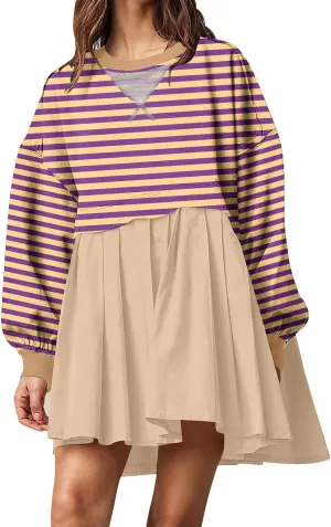 Women's Oversized Casual Sweatshirt Patchwork Dress Long Sleeve Classic Stripe Dress Crew Neck Pleated Mini Dresses