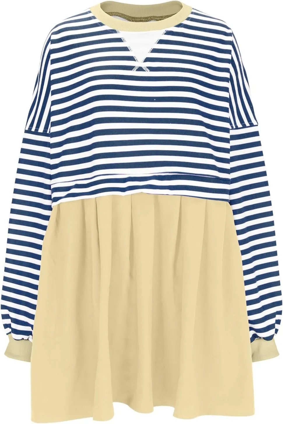 Women's Oversized Casual Sweatshirt Patchwork Dress Long Sleeve Classic Stripe Dress Crew Neck Pleated Mini Dresses