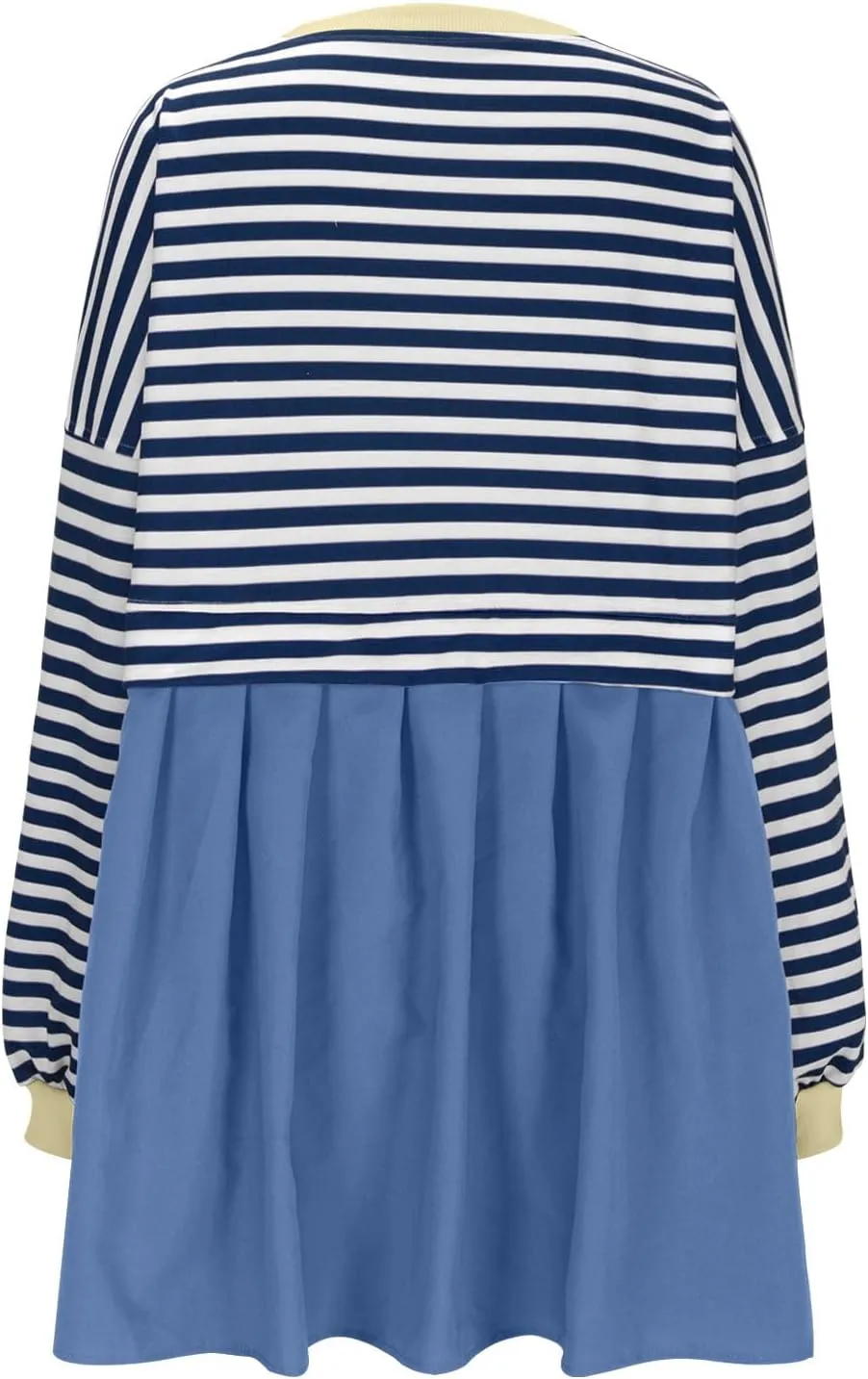 Women's Oversized Casual Sweatshirt Patchwork Dress Long Sleeve Classic Stripe Dress Crew Neck Pleated Mini Dresses