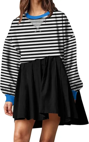 Women's Oversized Casual Sweatshirt Patchwork Dress Long Sleeve Classic Stripe Dress Crew Neck Pleated Mini Dresses