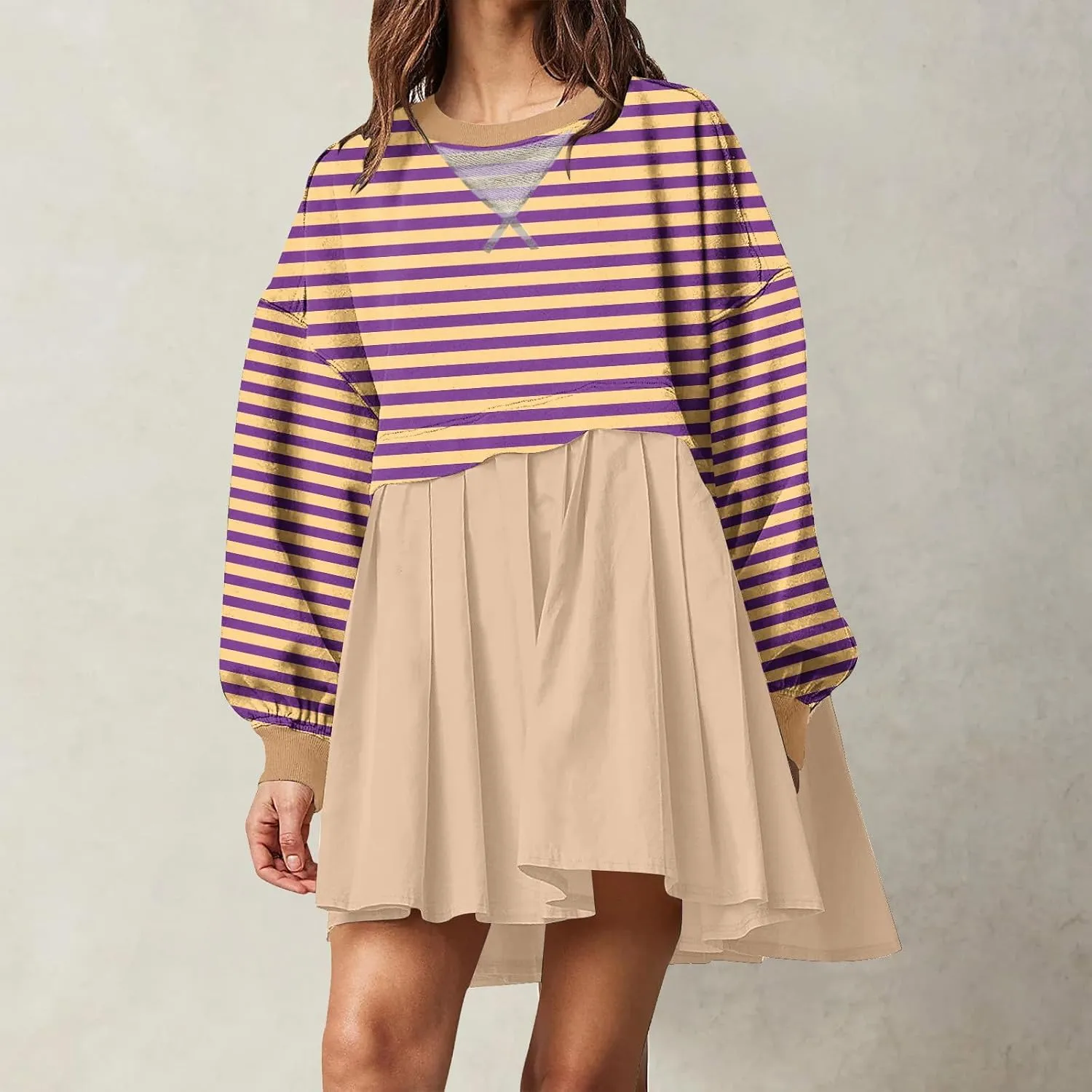 Women's Oversized Casual Sweatshirt Patchwork Dress Long Sleeve Classic Stripe Dress Crew Neck Pleated Mini Dresses