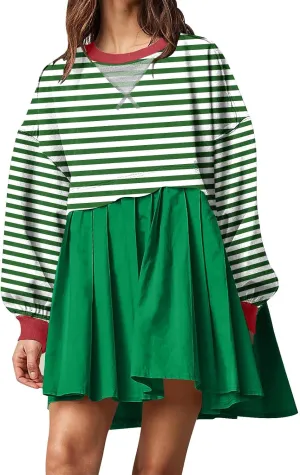Women's Oversized Casual Sweatshirt Patchwork Dress Long Sleeve Classic Stripe Dress Crew Neck Pleated Mini Dresses