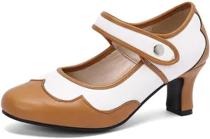 Women's Patchwork Round Toe Hoof Heel Mary Janes Pumps