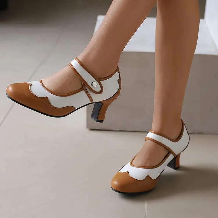 Women's Patchwork Round Toe Hoof Heel Mary Janes Pumps