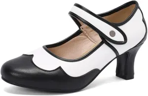 Women's Patchwork Round Toe Hoof Heel Mary Janes Pumps