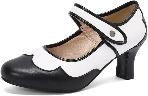 Women's Patchwork Round Toe Hoof Heel Mary Janes Pumps