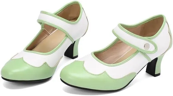 Women's Patchwork Round Toe Hoof Heel Mary Janes Pumps