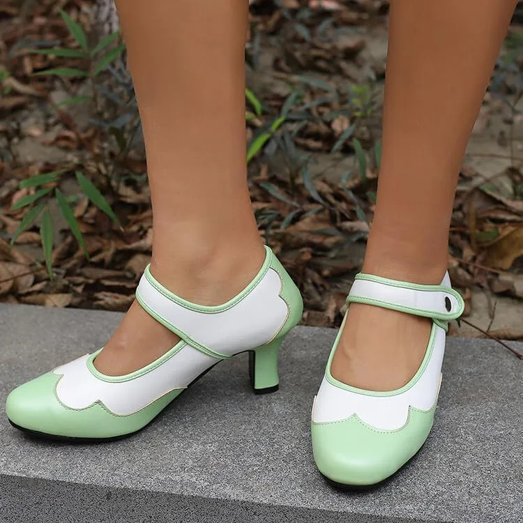 Women's Patchwork Round Toe Hoof Heel Mary Janes Pumps