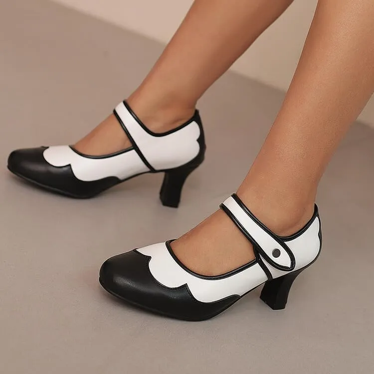 Women's Patchwork Round Toe Hoof Heel Mary Janes Pumps