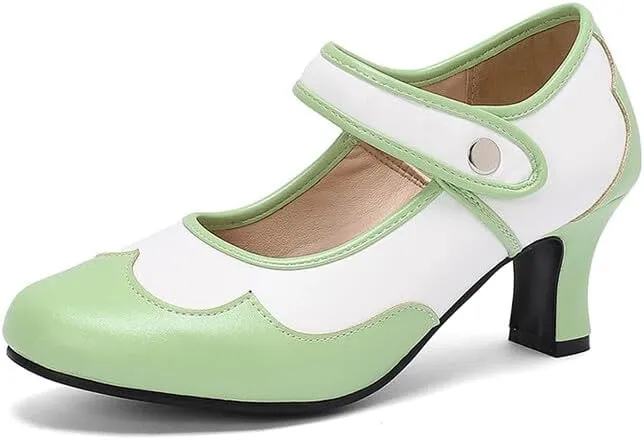 Women's Patchwork Round Toe Hoof Heel Mary Janes Pumps