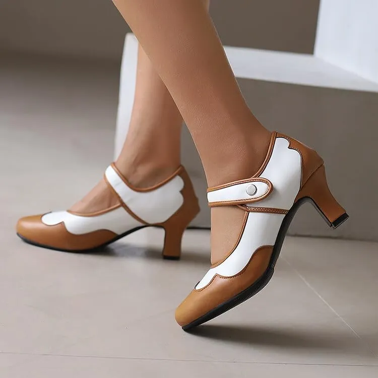 Women's Patchwork Round Toe Hoof Heel Mary Janes Pumps