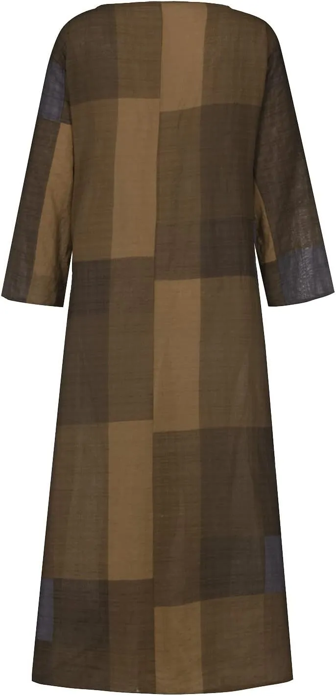 Womens Retro Plaid Cotton Linen Dress Summer 2025 Patchwork Swing Maxi Sundress Loose Lightweight Casual Dresses