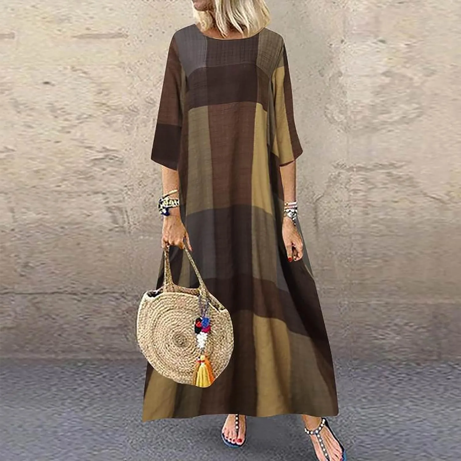 Womens Retro Plaid Cotton Linen Dress Summer 2025 Patchwork Swing Maxi Sundress Loose Lightweight Casual Dresses
