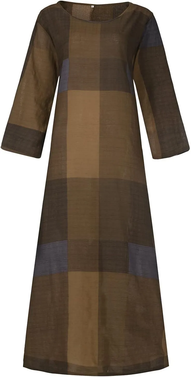Womens Retro Plaid Cotton Linen Dress Summer 2025 Patchwork Swing Maxi Sundress Loose Lightweight Casual Dresses