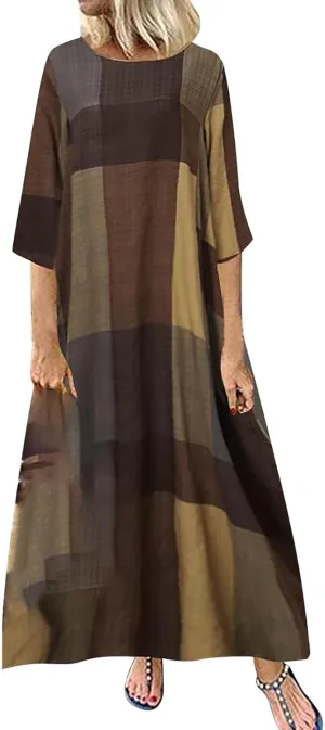Womens Retro Plaid Cotton Linen Dress Summer 2025 Patchwork Swing Maxi Sundress Loose Lightweight Casual Dresses