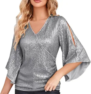 Womens Sequin Tops 3/4 Sleeve Glitter Sparkly Blouse V Neck Dressy Tops for Evening Party Tech Sleeve
