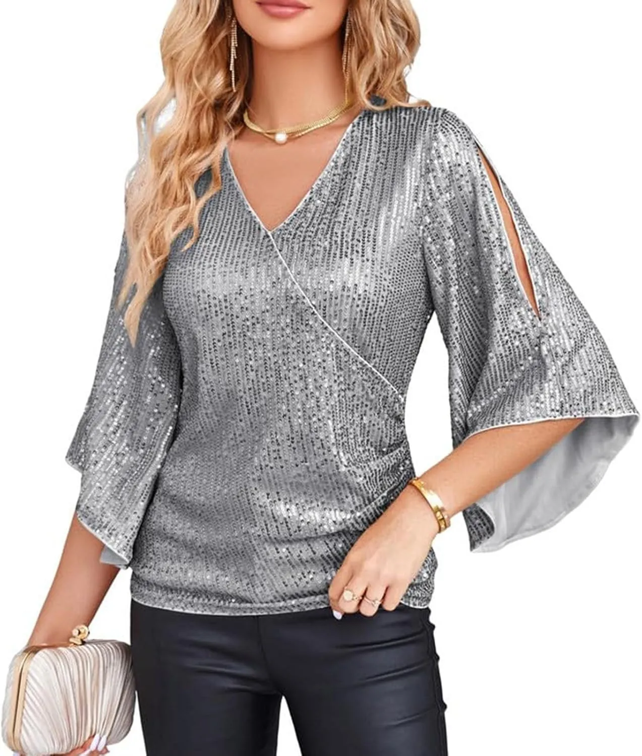 Womens Sequin Tops 3/4 Sleeve Glitter Sparkly Blouse V Neck Dressy Tops for Evening Party Tech Sleeve