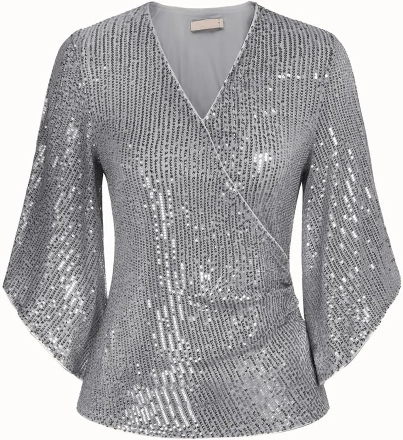 Womens Sequin Tops 3/4 Sleeve Glitter Sparkly Blouse V Neck Dressy Tops for Evening Party Tech Sleeve