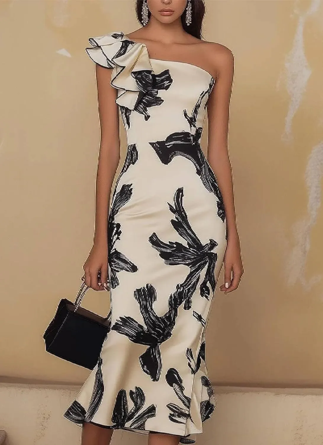Women's Sexy One-Shoulder Ruffled Dress Floral Print Midi Dress Formal Sleeveless Outfits Summer Wedding Guest Dresses