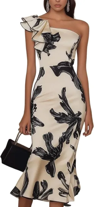 Women's Sexy One-Shoulder Ruffled Dress Floral Print Midi Dress Formal Sleeveless Outfits Summer Wedding Guest Dresses