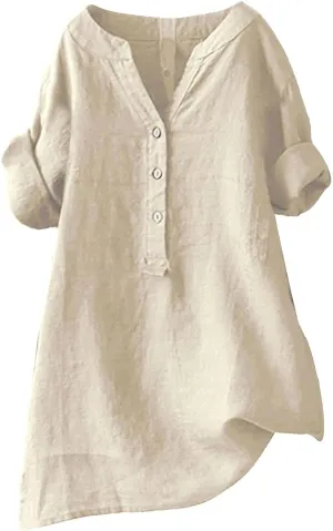 Womens Short Sleeve Linen Shirts Casual Crewneck Soft T Shirts Embroidery Loose Fit Summer Tshirt