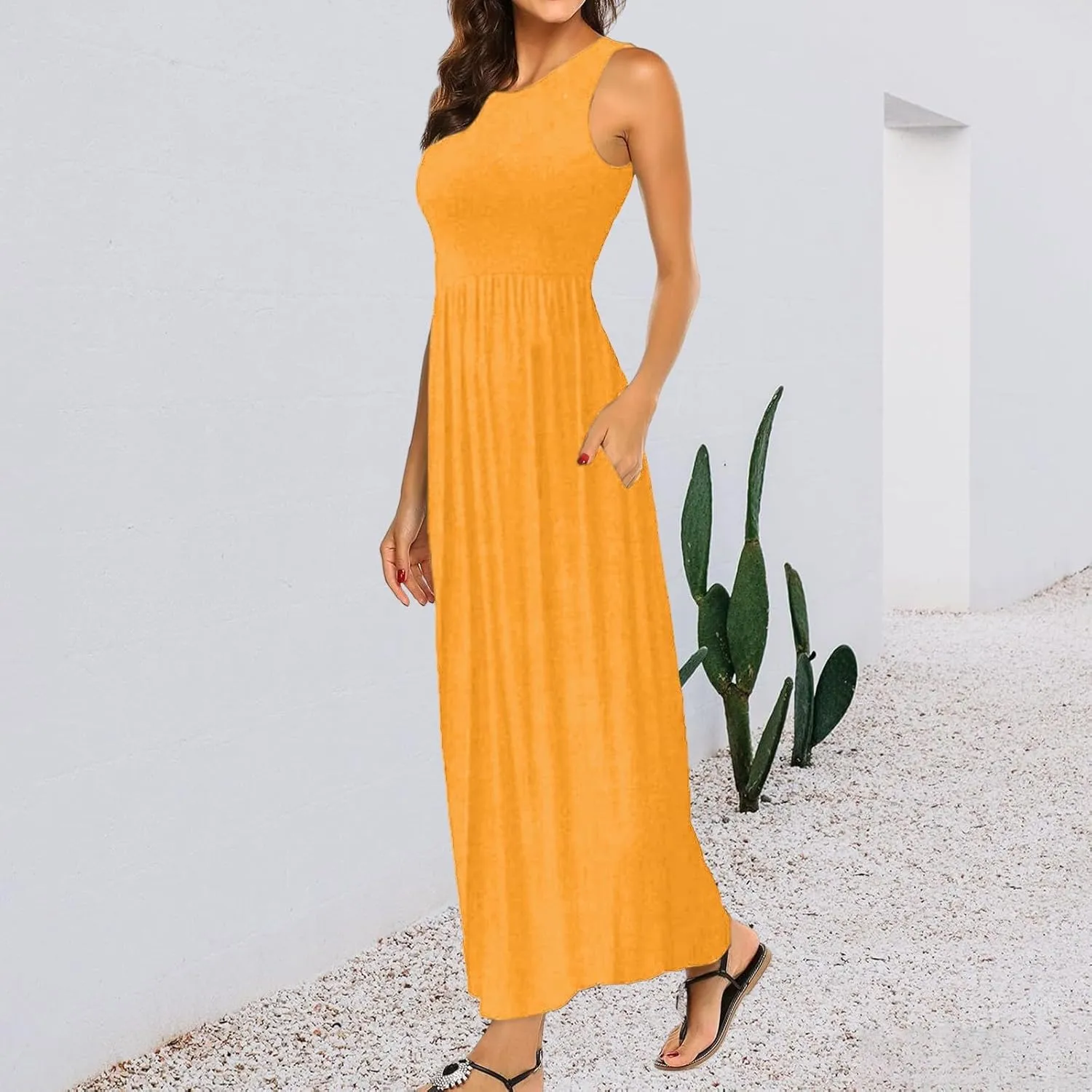 Women's Sleeveless Maxi Dress Patchwork Tank Top Flowy Dress Summer Pleated Long Sundress with Pockets