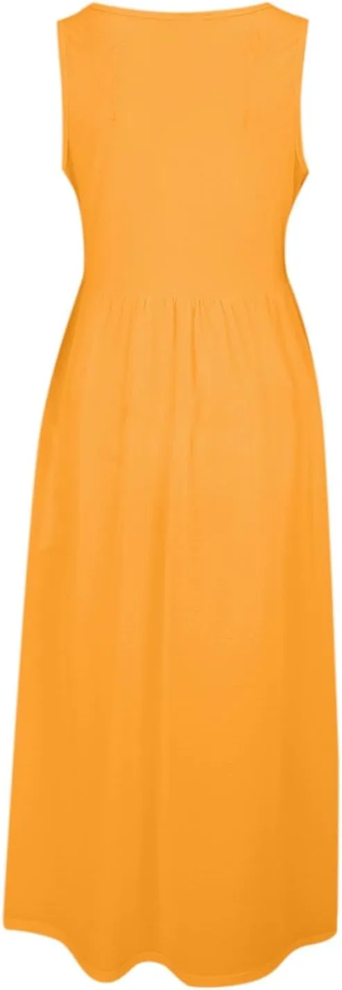Women's Sleeveless Maxi Dress Patchwork Tank Top Flowy Dress Summer Pleated Long Sundress with Pockets