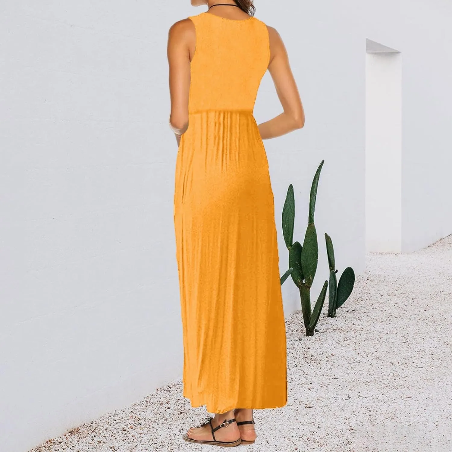 Women's Sleeveless Maxi Dress Patchwork Tank Top Flowy Dress Summer Pleated Long Sundress with Pockets