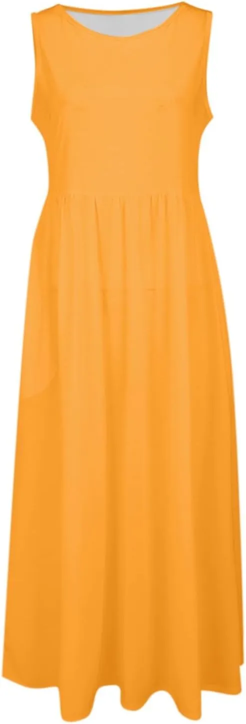 Women's Sleeveless Maxi Dress Patchwork Tank Top Flowy Dress Summer Pleated Long Sundress with Pockets
