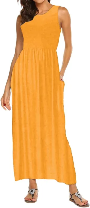Women's Sleeveless Maxi Dress Patchwork Tank Top Flowy Dress Summer Pleated Long Sundress with Pockets