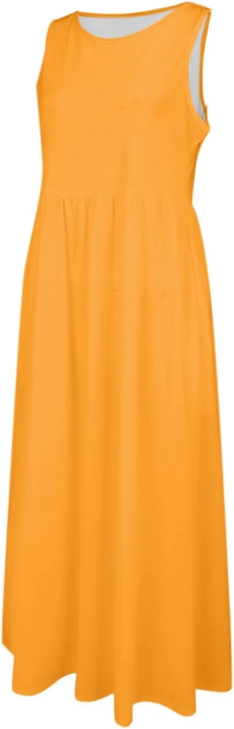 Women's Sleeveless Maxi Dress Patchwork Tank Top Flowy Dress Summer Pleated Long Sundress with Pockets