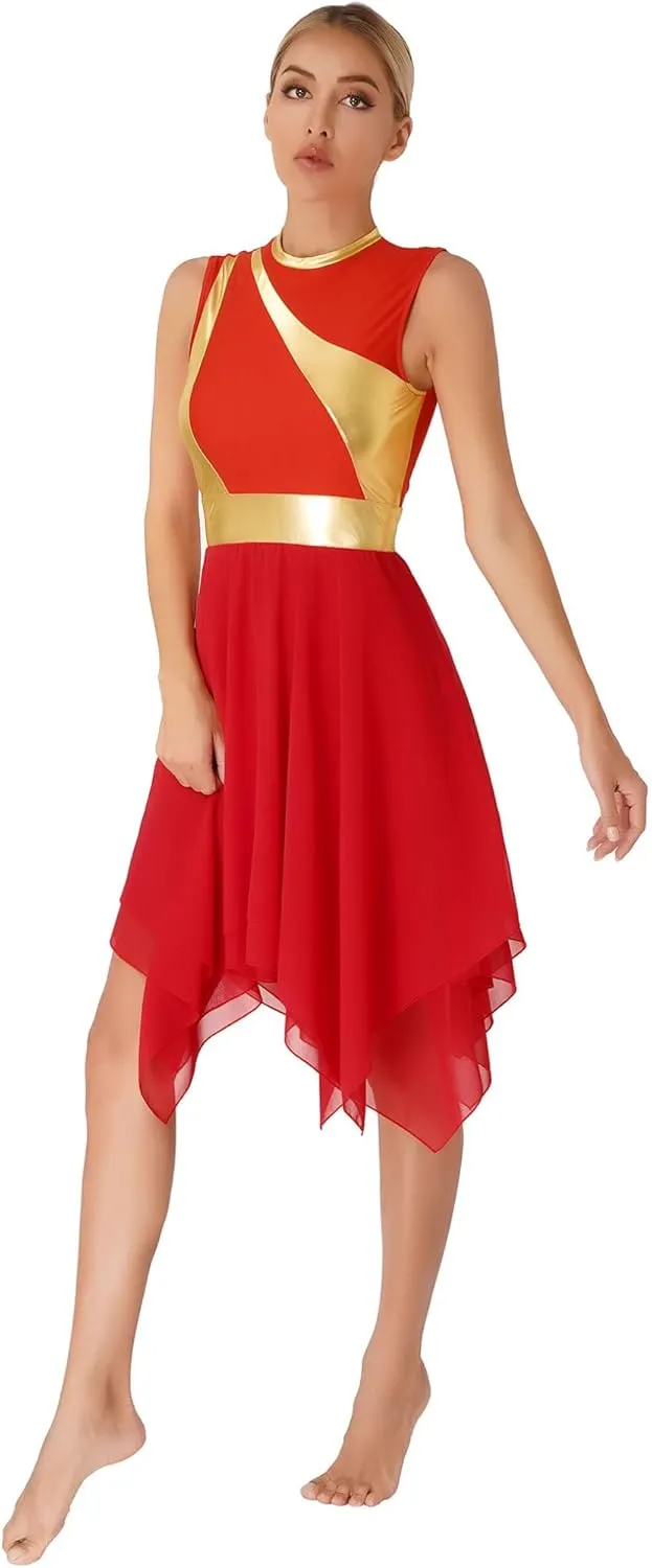 Womens Sleeveless Praise Dance Costume Irregular Hem Church Worship Dance Tunic Overlays